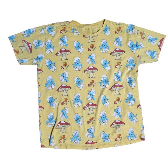 Smurf Graphic T Shirt Mens XL All Over Print Mushrooms Yellow Blue Short Sleeve - Picture 1 of 8